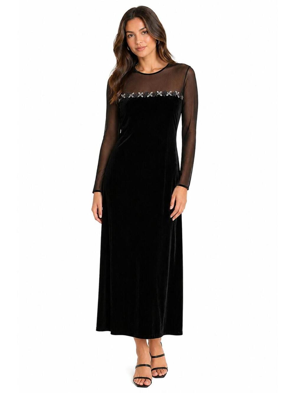Robbie Bee Black Velvet Dress Vintage 90s Whimsigoth Beaded Mesh Illusion Gown